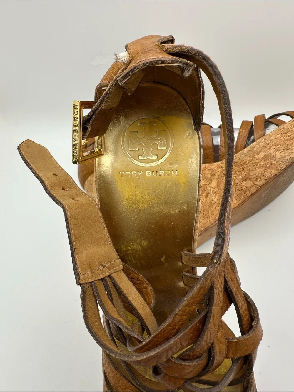 Tory Burch Tan Woven Leather Cork Platform Wedge Sandals Size 9M